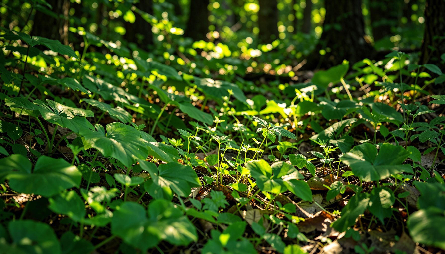 A sunlit woodland floor scattered with broad green leaves and small wild plants, painted in rich greens and dappled golden light.