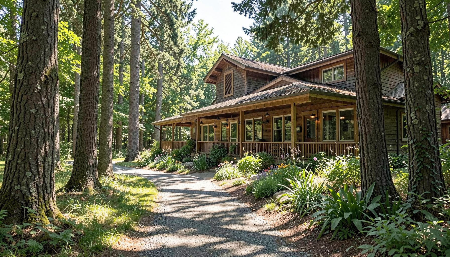 A sunlit path leading through tall trees toward a rustic nature center building with a welcoming porch and native plant garden in front