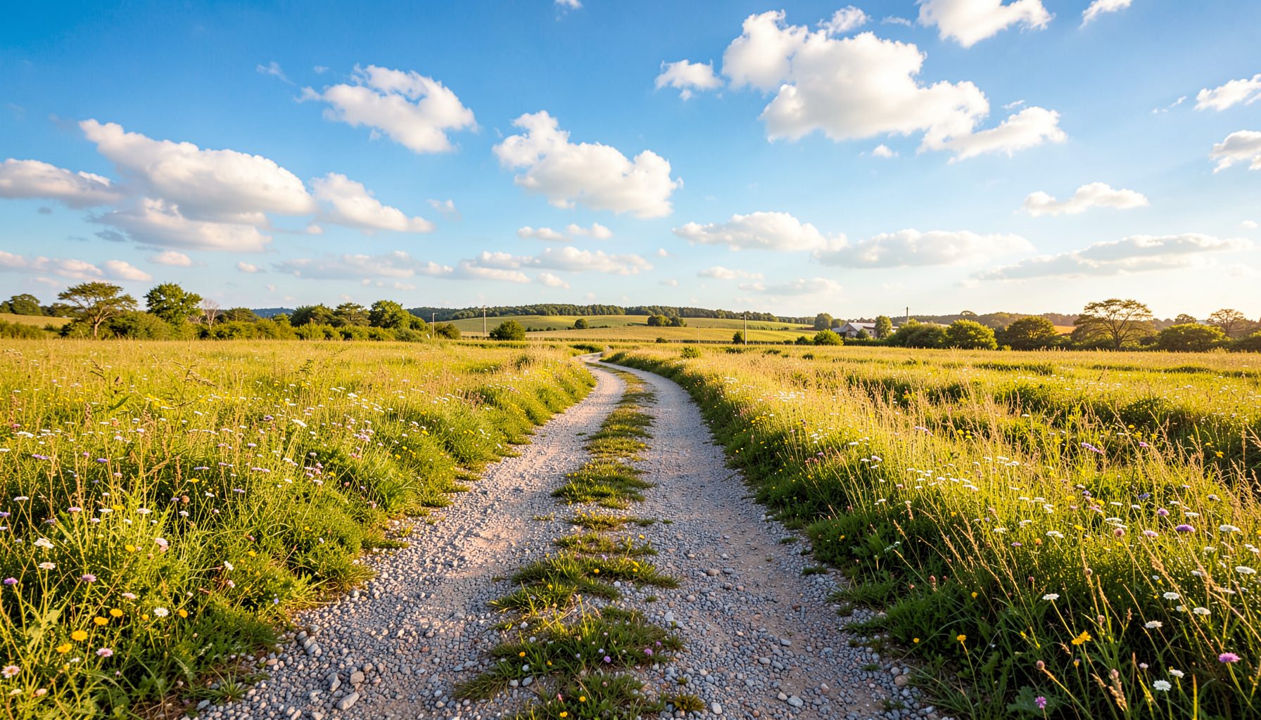 A wide multi-use gravel trail cutting through open meadow with wildflowers, under a bright blue sky with scattered white clouds, in warm golden and green tones.