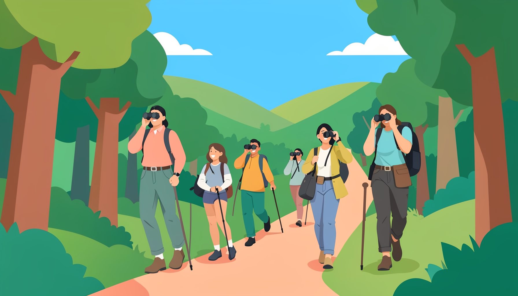 A warm, friendly illustration of a diverse group of people hiking along a forested trail with binoculars and walking sticks, set against rolling green hills and a bright blue sky, rendered in flat hand-drawn style with coral, mustard, and teal accents.