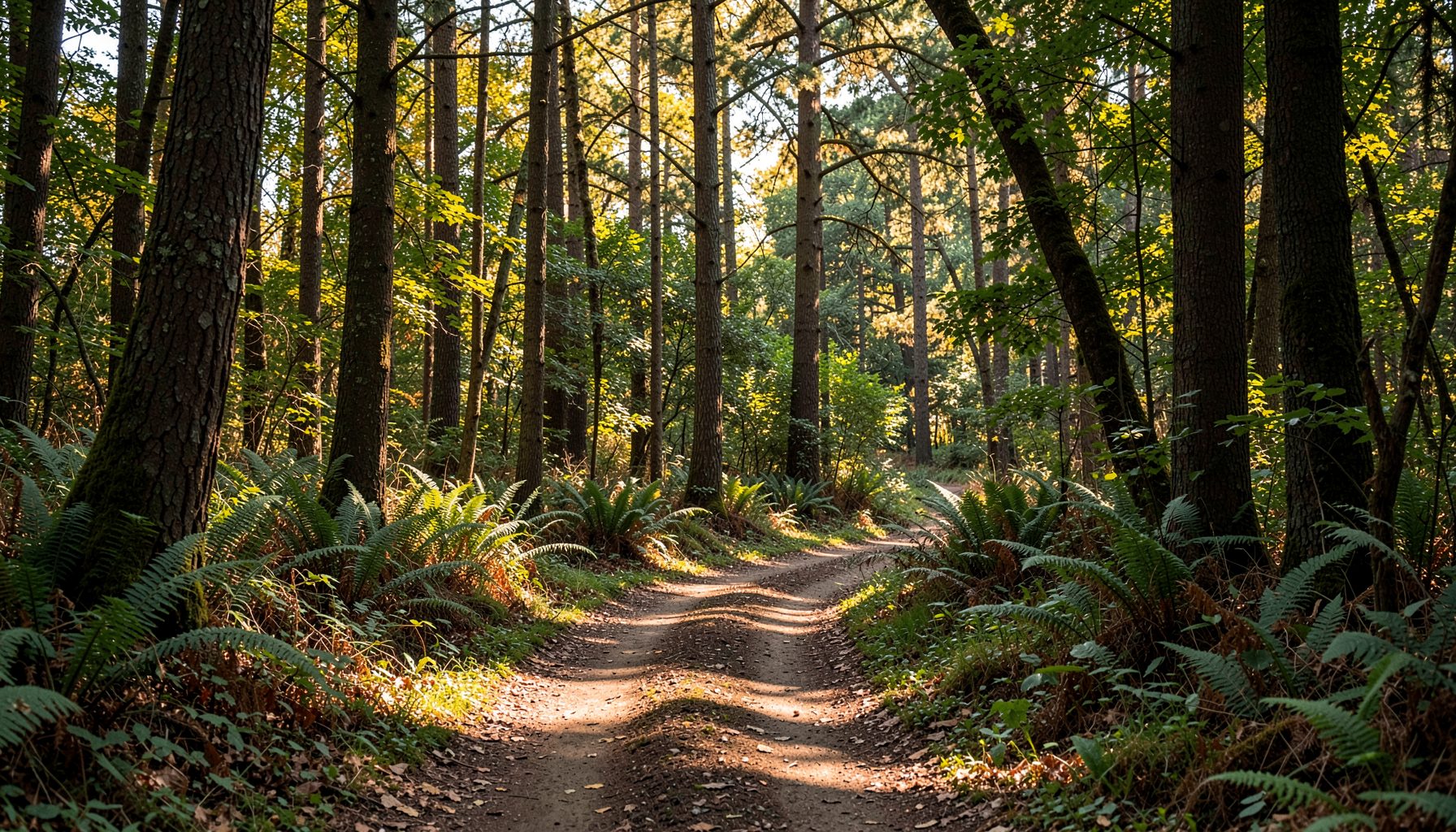 A winding dirt trail through a sun-dappled deciduous forest with dappled green and gold light, surrounded by tall trees and ferns in deep earthy browns and soft greens.