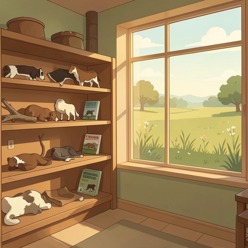 A serene nature center interior with warm wooden shelves displaying natural artifacts, animal pelts, and field guides, bathed in soft golden light from a large window overlooking a meadow, rendered in a friendly flat illustration style with earthy greens and warm ochres.