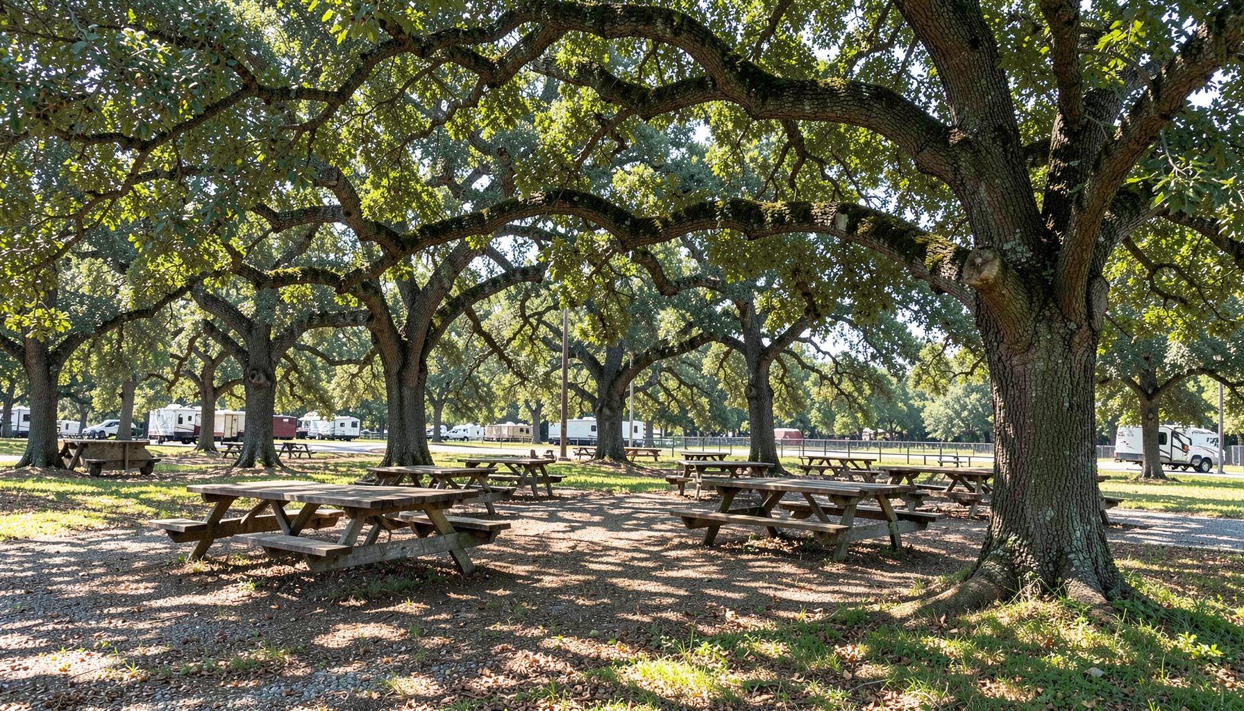 A spacious group campsite with several picnic tables arranged under a canopy of mature oaks, dappled sunlight filtering through green leaves