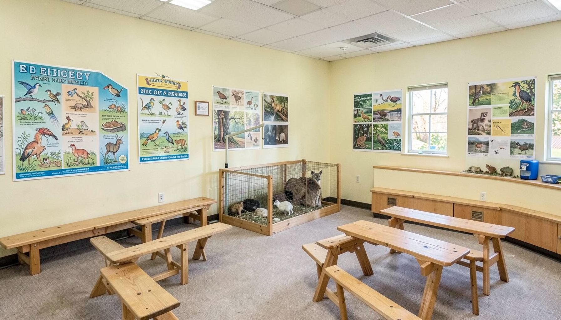 A bright nature center classroom space with educational posters about Ohio wildlife, a small animal enclosure, and wooden benches arranged for a group program