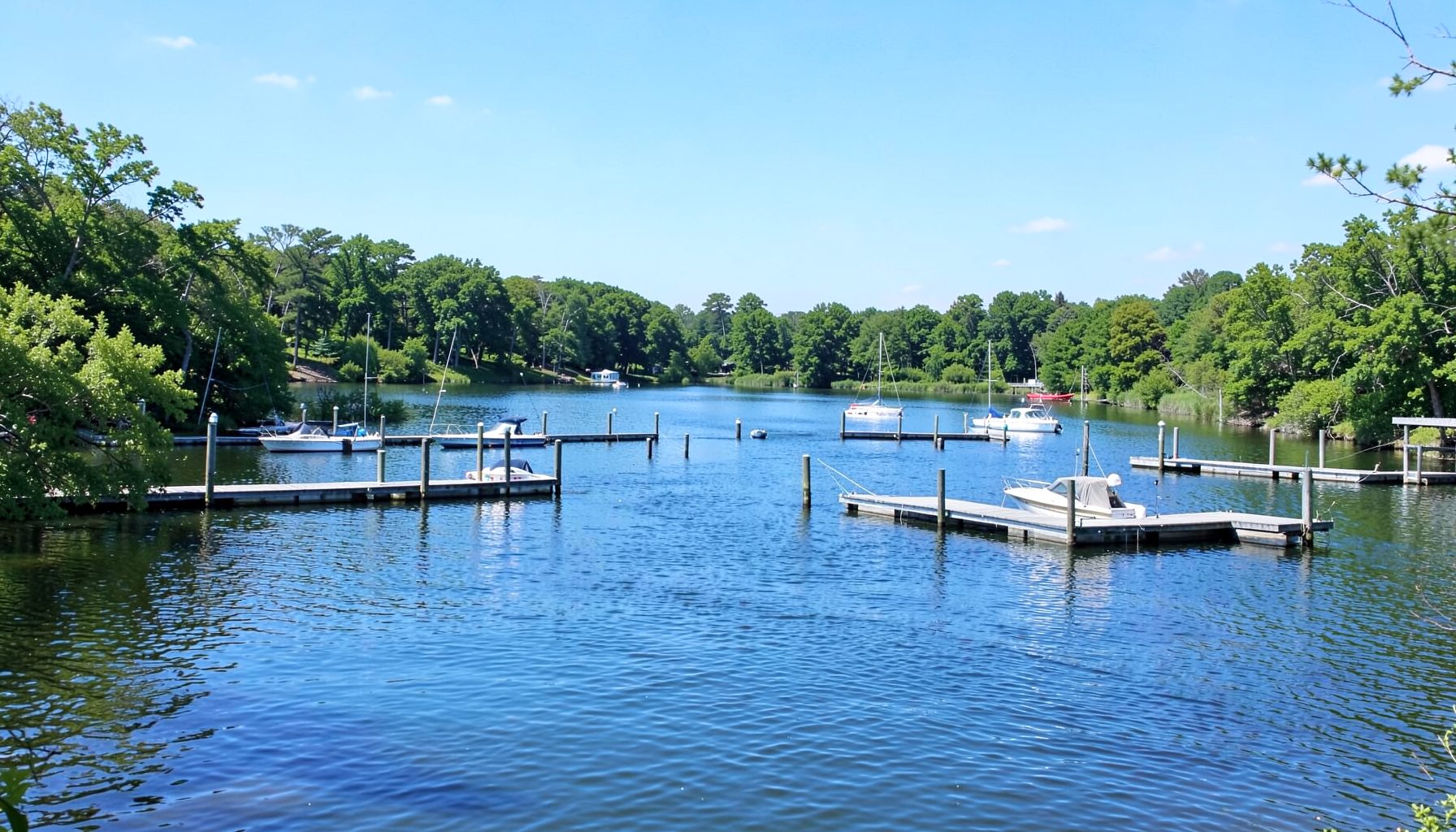 A serene marina on a calm blue lake under a bright sky, with wooden docks and a few small boats gently rocking on the water, surrounded by green shoreline trees.