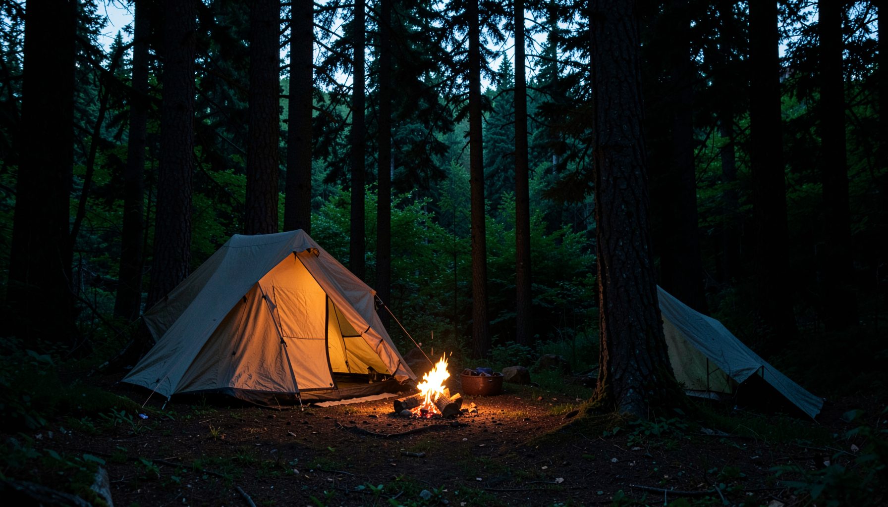 A peaceful campsite at dusk with a canvas tent nestled among tall trees, warm amber firelight glowing against deep green forest shadows
