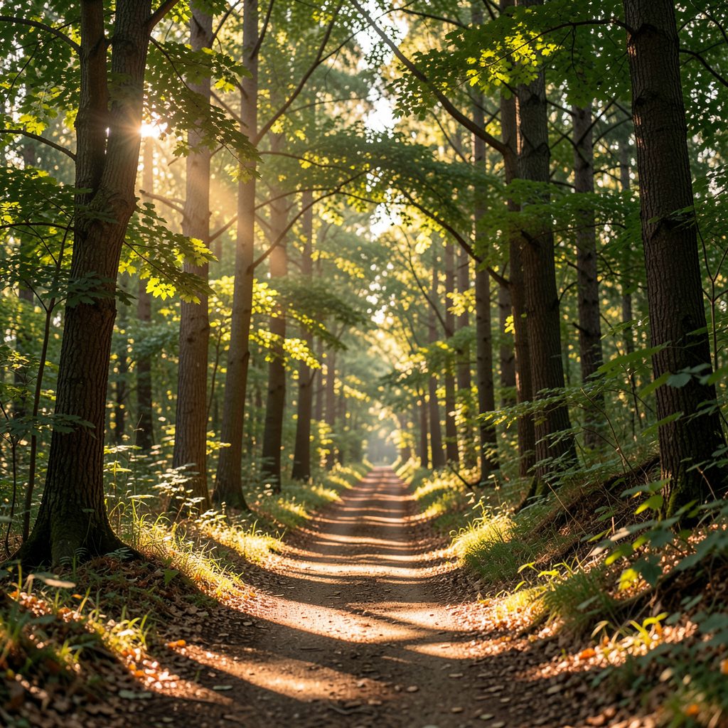 A sun-dappled forest trail with dappled light filtering through a canopy of green leaves, warm earthy browns and soft golden highlights, peaceful woodland atmosphere.
