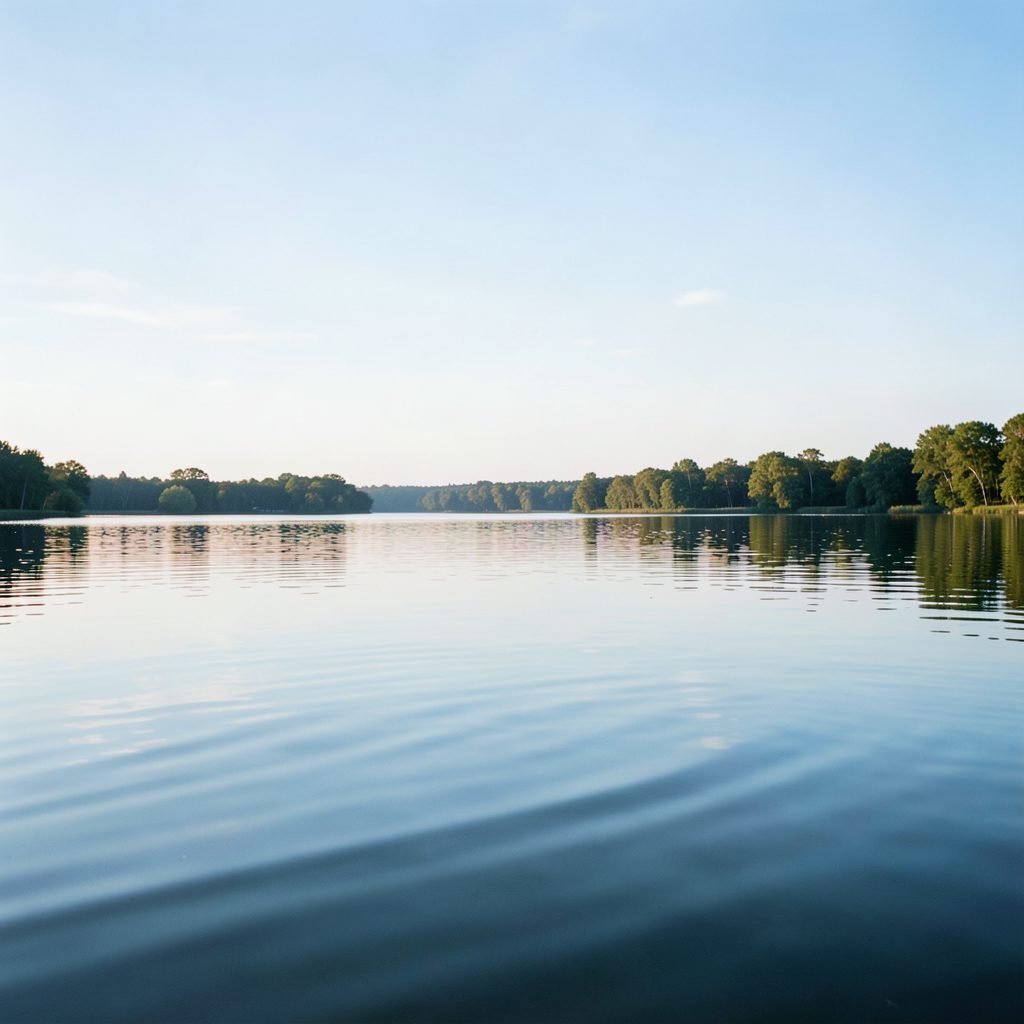 A calm lake surface reflecting a pale blue sky and distant tree line, gentle ripples catching morning light, serene outdoor recreation mood.