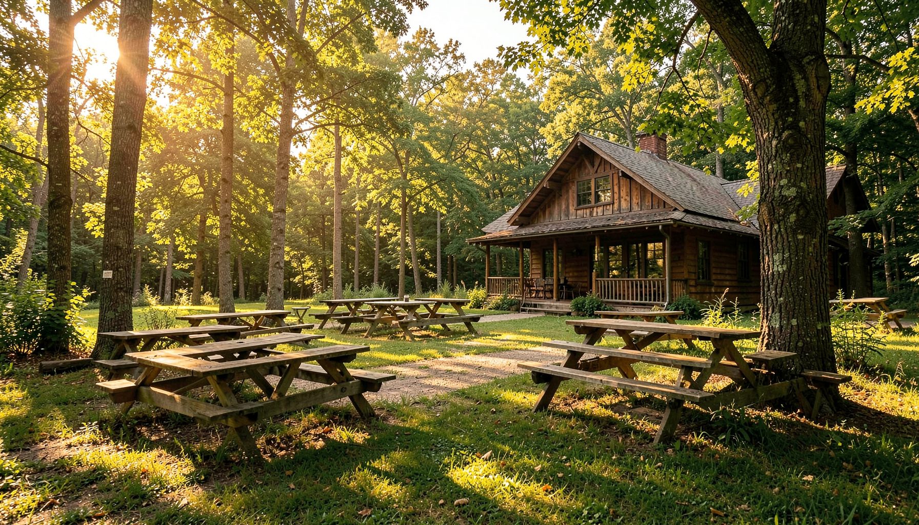 A sunlit gathering space in a wooded park with picnic tables and a rustic lodge, warm golden and green tones