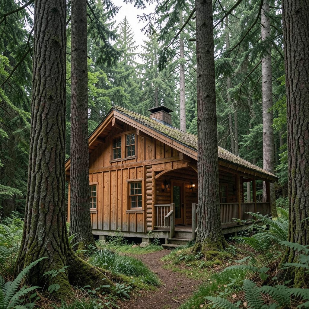 A rustic wooden lodge exterior nestled among tall trees, warm cedar tones against deep forest green, inviting and peaceful.
