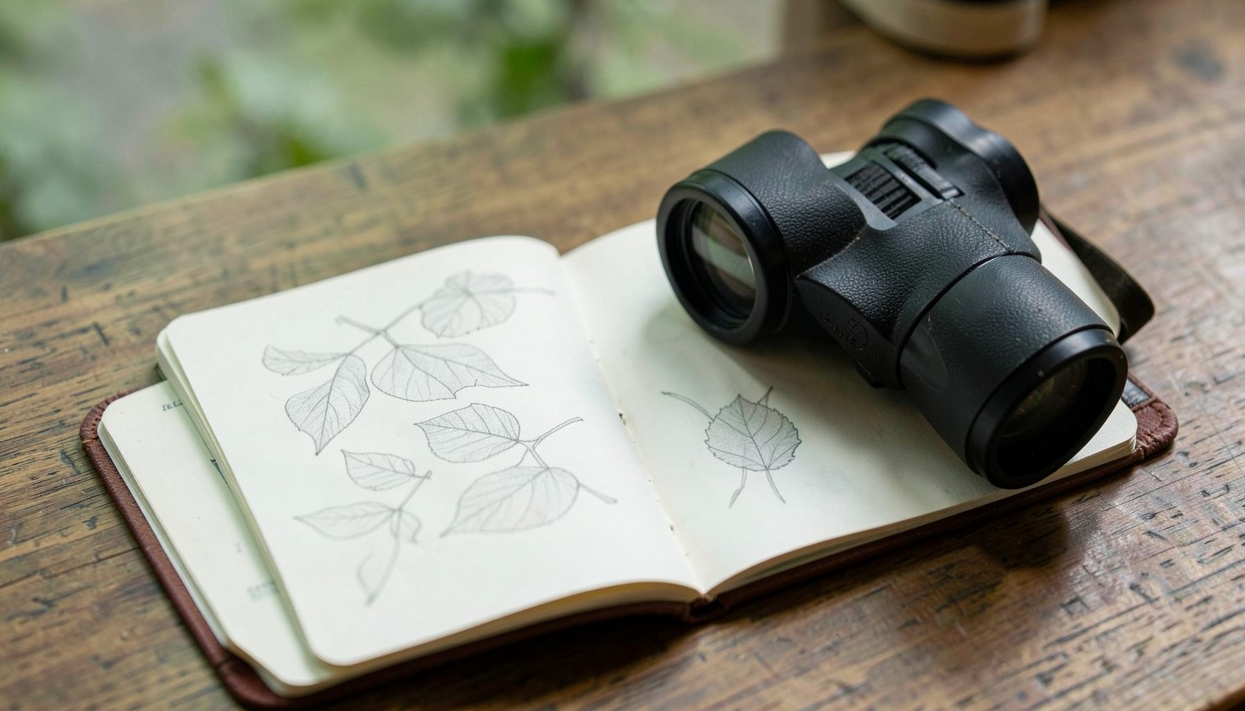 An open notebook with pencil sketches of leaves and a pair of binoculars resting on a wooden surface, bathed in soft natural light with muted greens and warm wood tones.