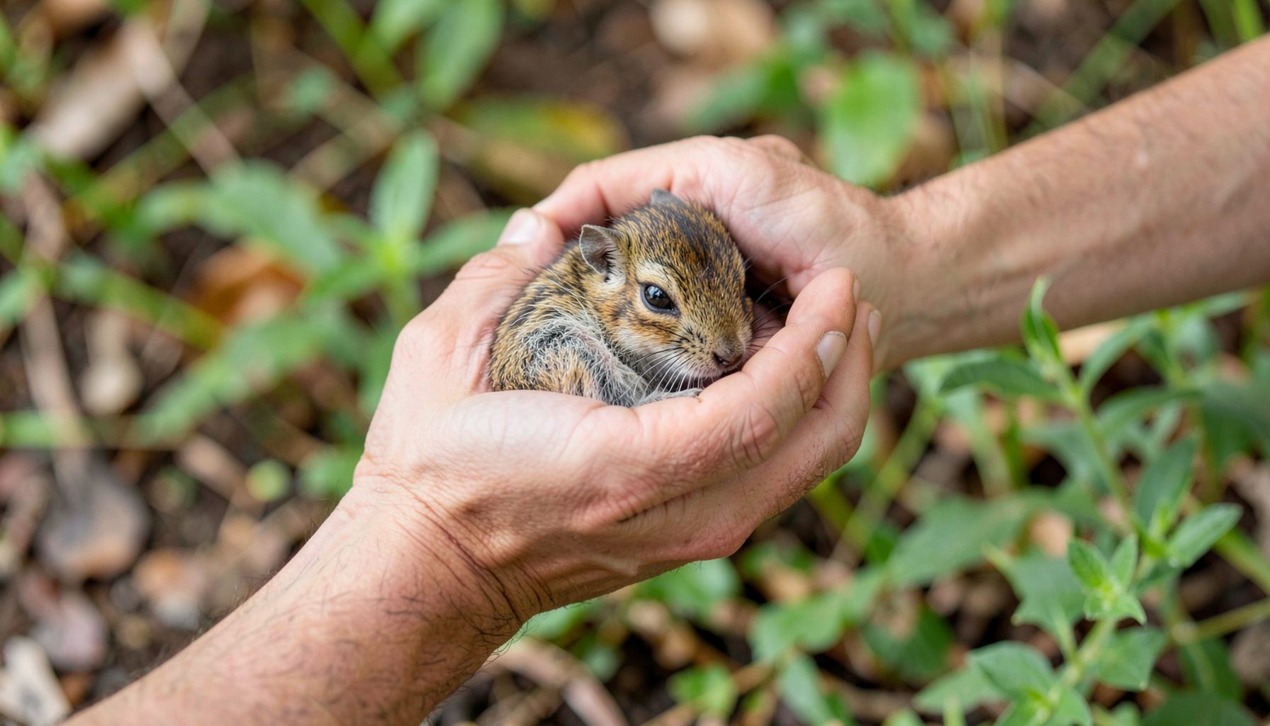 A close view of gentle hands cradling a small wild animal in a natural outdoor setting, with soft green foliage and warm earthy browns in the background.