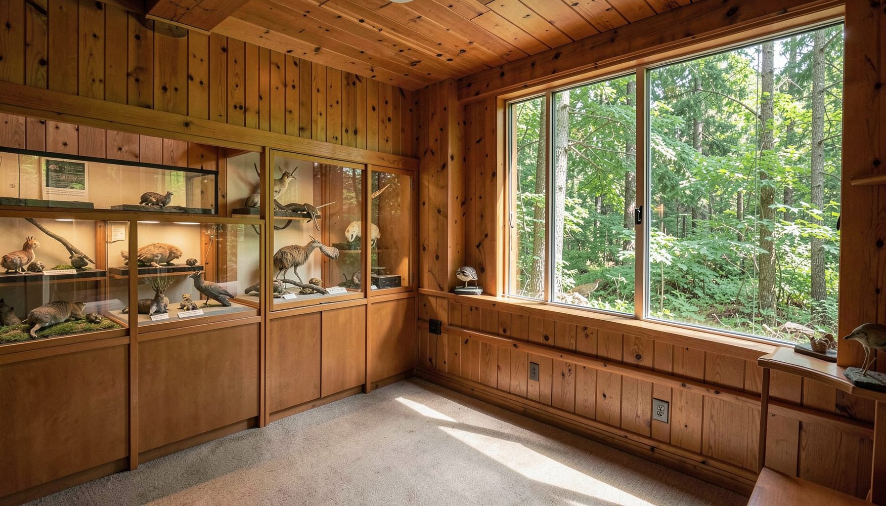 A warm, wood-paneled nature center interior with natural light, display cases featuring local wildlife exhibits, and a large window looking out onto a green forested landscape