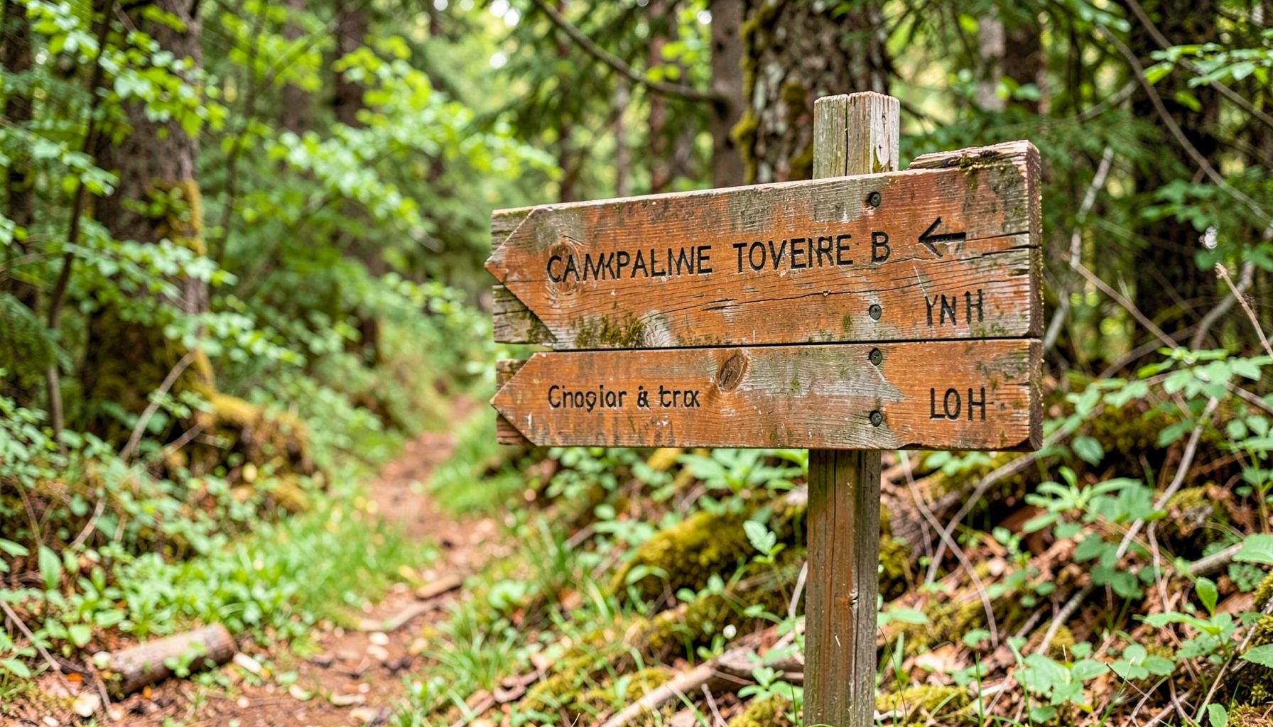 A weathered wooden trail sign at a forest edge, warm brown tones against soft green foliage, pointing toward campground and trail directions