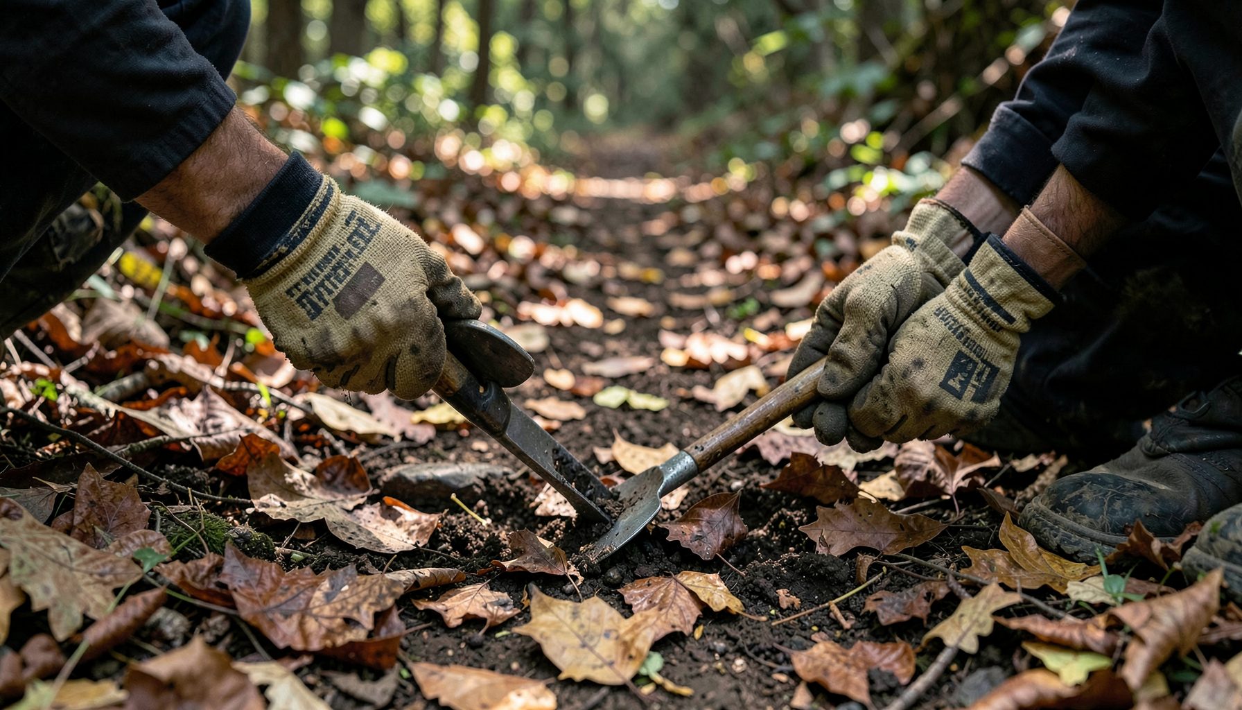 Two pairs of hands in work gloves clearing a woodland trail with hand tools, surrounded by fallen leaves and dappled shade in rich browns and muted greens.