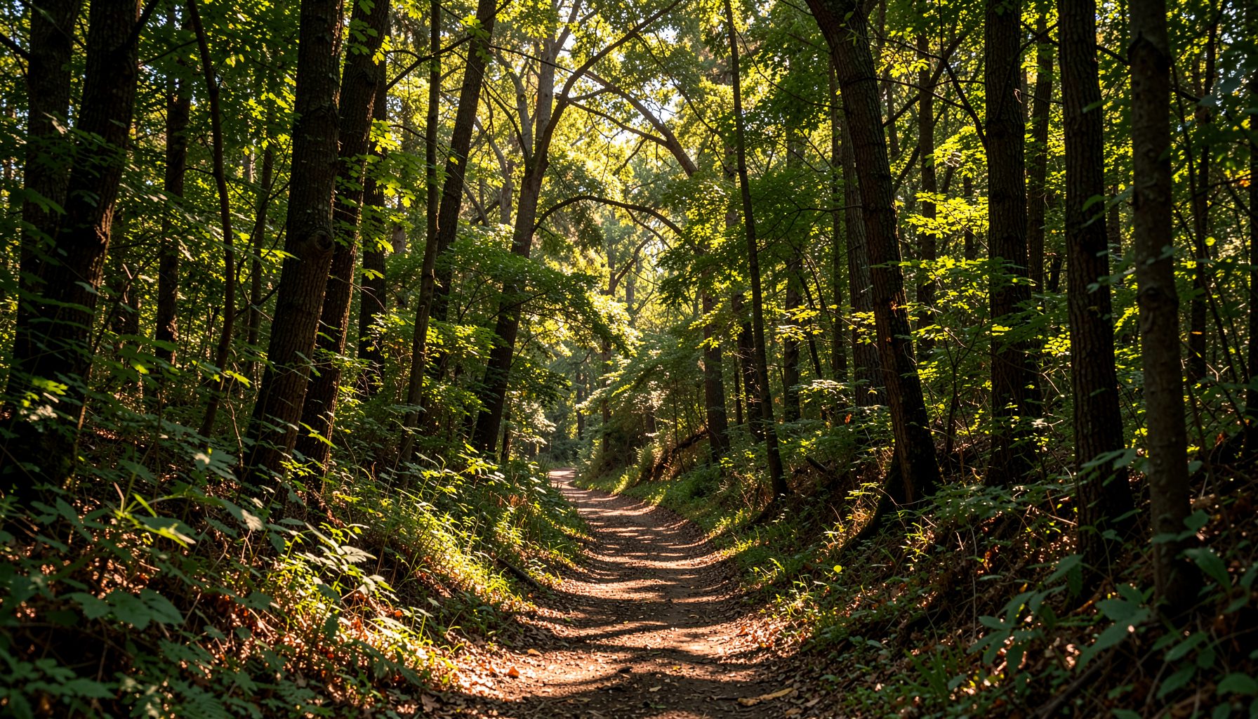 A sunlit hiking trail winding through a dense Ohio woodland with dappled light filtering through the canopy, rich greens and warm browns