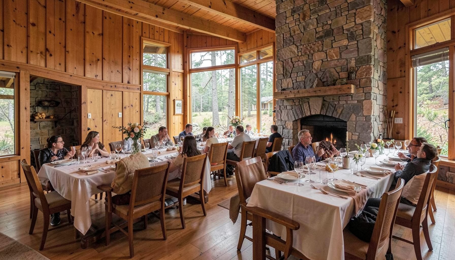 A spacious rustic day lodge interior with warm wood-paneled walls, a stone fireplace, and long tables set for a gathering, bathed in soft natural light from large windows overlooking woodland.